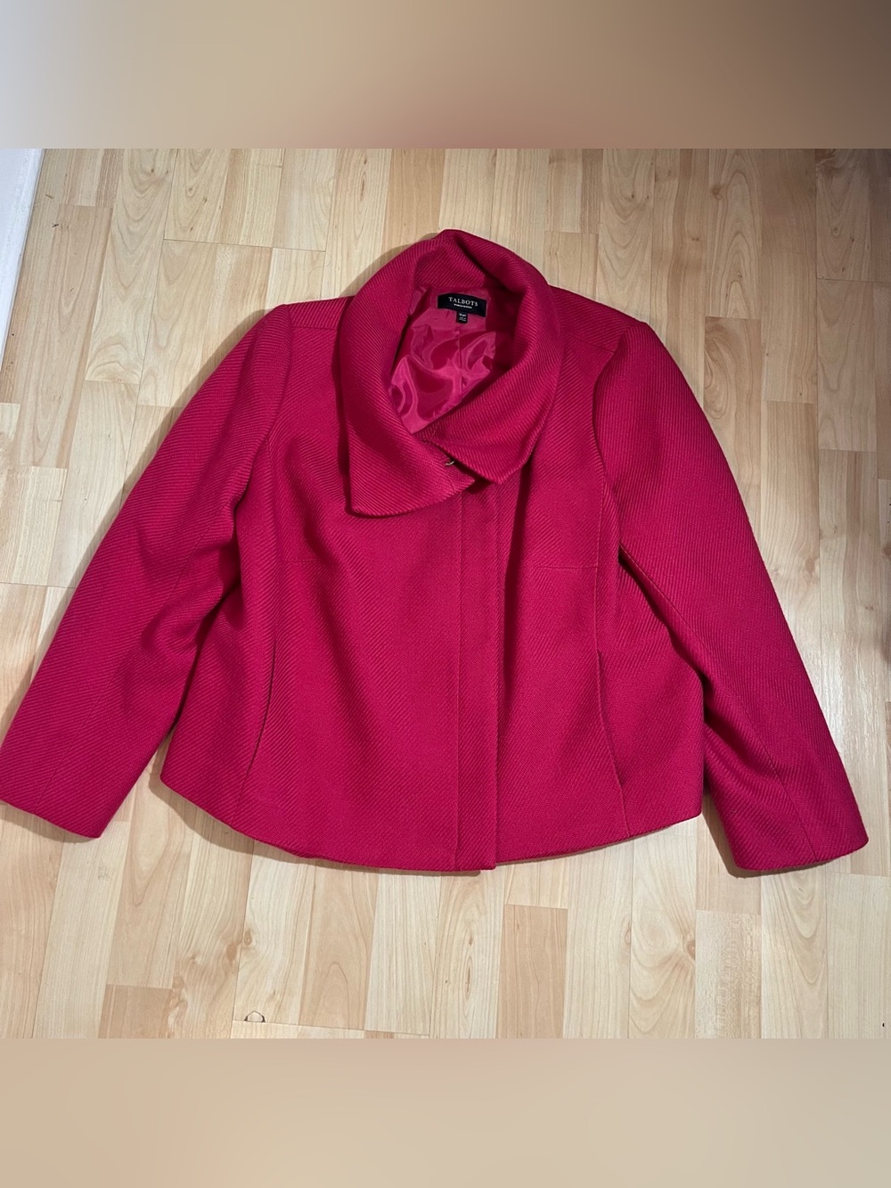 Talbots wool blend moto blazer features vibrant raspberry pink zip closure 16WP